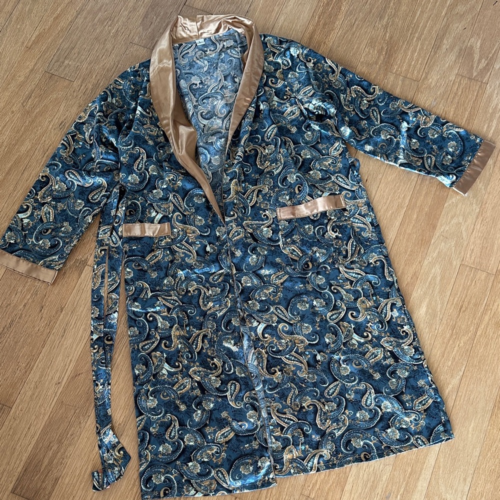 Blue Paisley Satin-Trim Robe